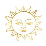 A gold line drawing of a sun with a human face, featuring calm eyes and a slight smile, surrounded by alternating straight and