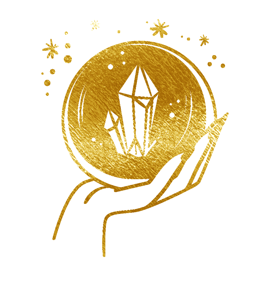 A gold, stylized drawing of a hand holding a crystal ball with crystals inside, surrounded by sparkles, on a white background.