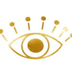 A simple gold illustration of an eye with a bold iris, surrounded by six short gold lines and dots radiating outward from the