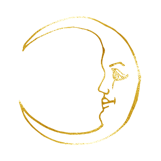 A simple gold line drawing of a crescent moon with a human face in profile, set against a plain white background.