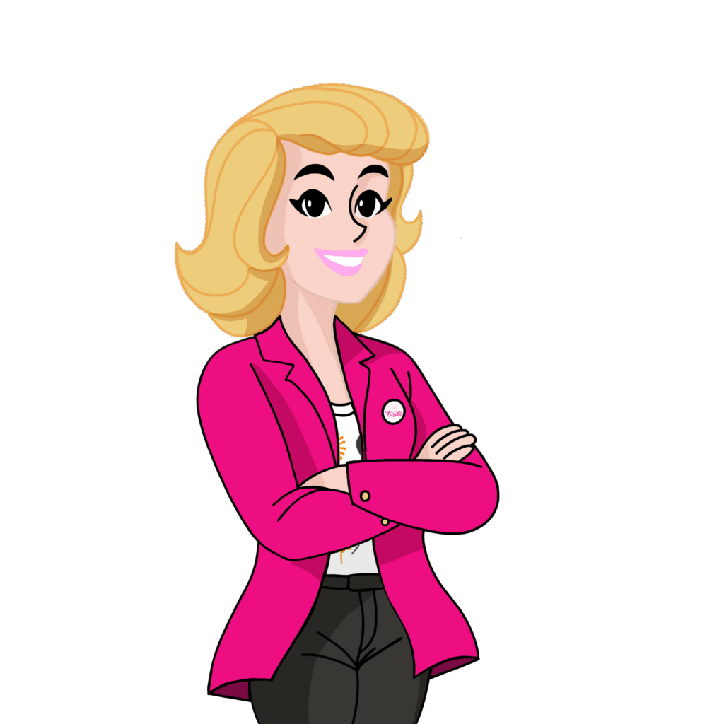 Cartoon woman with blond hair wearing a bright pink blazer, white top, and dark pants, smiling with arms crossed in front of h