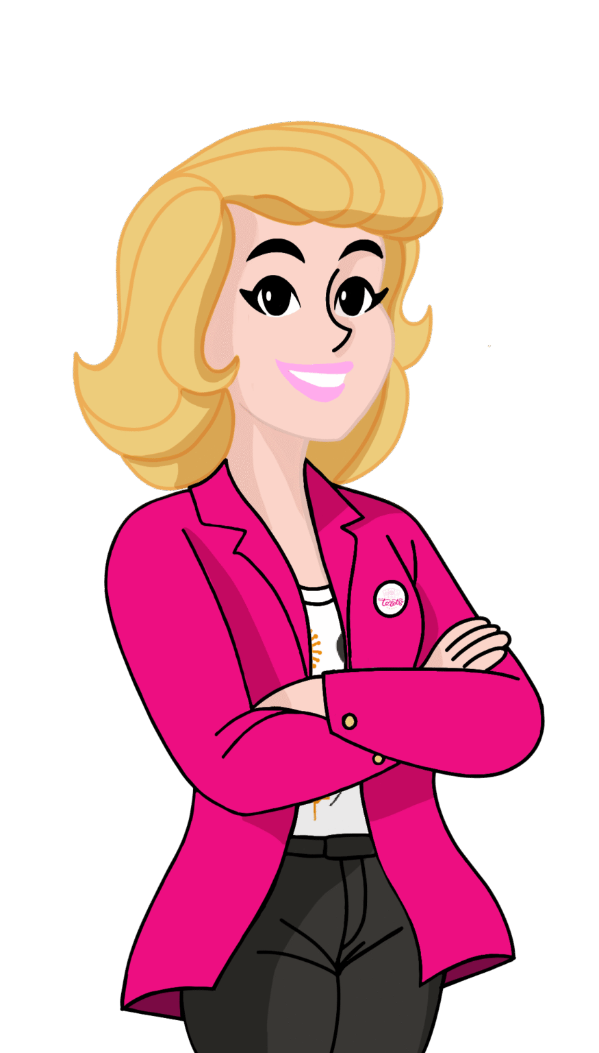 Cartoon woman with blond hair wearing a bright pink blazer, white top, and dark pants, smiling with arms crossed in front of h