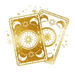 Two golden tarot cards with celestial designs, including stars, moons, and suns, are slightly overlapping on a white backgroun