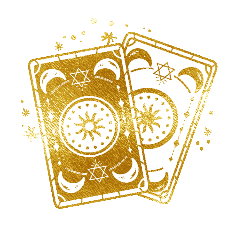 Two golden tarot cards with celestial designs, including stars, moons, and suns, are slightly overlapping on a white backgroun