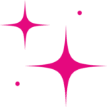 Two large pink sparkles with pointed edges and two small pink dots on a light gray background.