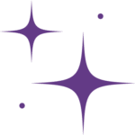 Two large purple sparkles with pointed edges and two small pink dots on a light gray background.