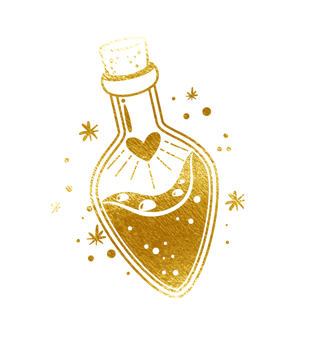 a gold bottle containing some sparkling liquid with an heart and some stars around