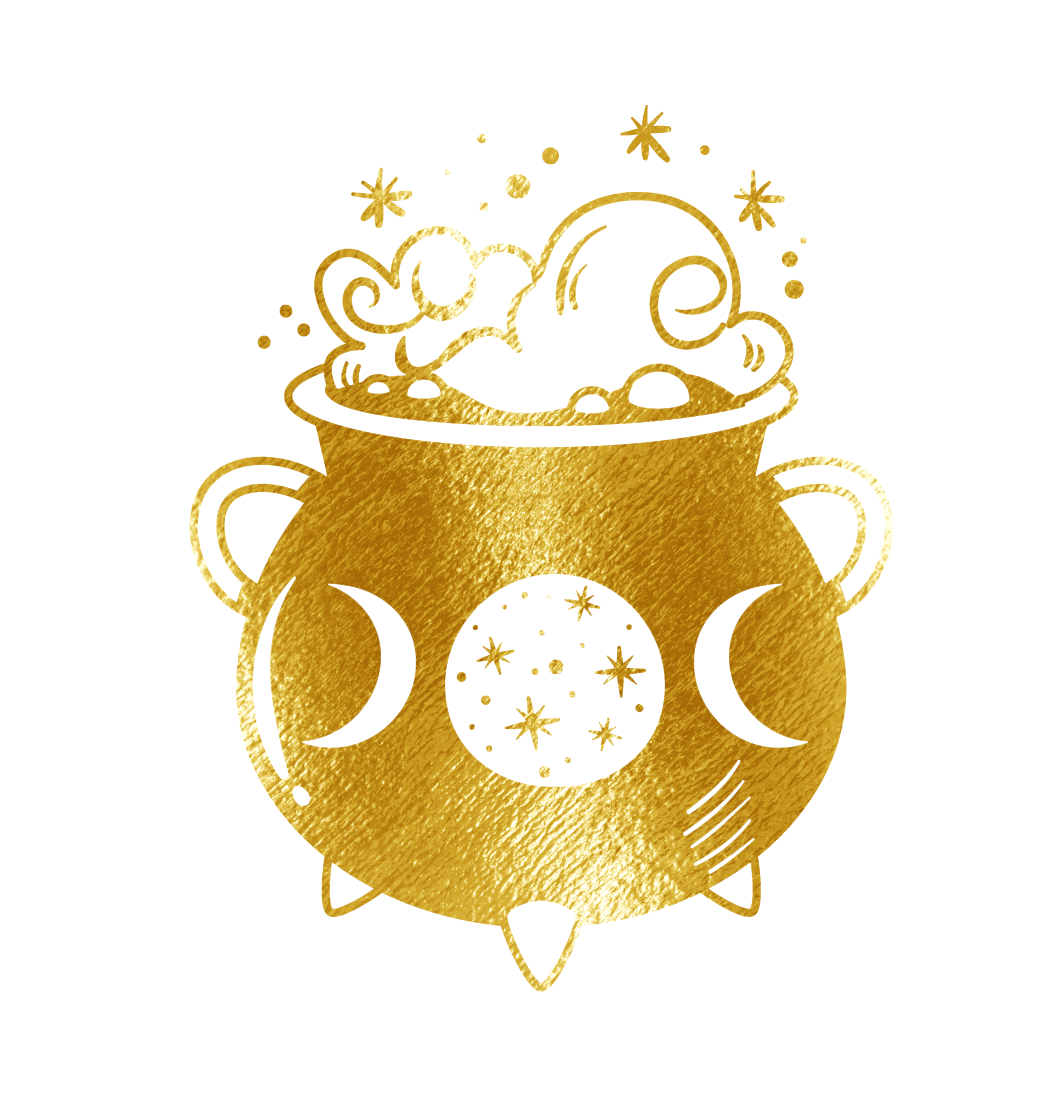 A gold cauldron with steam, stars, and crescent moon symbols, drawn in a whimsical style on a white background.