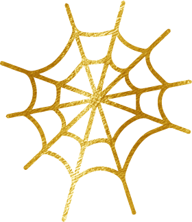 A gold-colored, stylized spider web with a metallic texture on a white background.