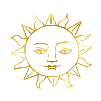 A gold line drawing of a sun with a human face, featuring calm eyes and a slight smile, surrounded by alternating straight and