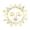 A gold line drawing of a sun with a human face, featuring calm eyes and a slight smile, surrounded by alternating straight and