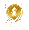 A gold, stylized drawing of a hand holding a crystal ball with crystals inside, surrounded by sparkles, on a white background.