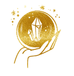 A gold, stylized drawing of a hand holding a crystal ball with crystals inside, surrounded by sparkles, on a white background.