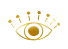 A simple gold illustration of an eye with a bold iris, surrounded by six short gold lines and dots radiating outward from the