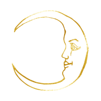 A simple gold line drawing of a crescent moon with a human face in profile, set against a plain white background.