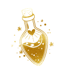a gold bottle containing some sparkling liquid with an heart and some stars around